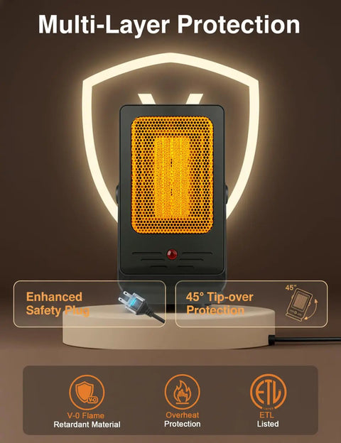 Indoor Space Heater For Desktop Use Fast 2 Second Heating PTC Ceramic Compact Personal Electric Heater With safety features displayed
