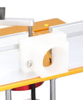 Premium Rock Solid Aluminum Router Lift Kit For Woodworking Tables Featuring Smooth 54 Mm Micro Adjustment and complete fence insert view with white hard plastic component.