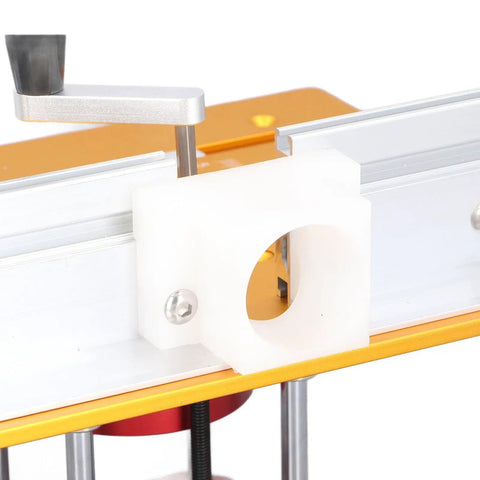 Premium Rock Solid Aluminum Router Lift Kit For Woodworking Tables Featuring Smooth 54 Mm Micro Adjustment and complete fence insert view with white hard plastic component.