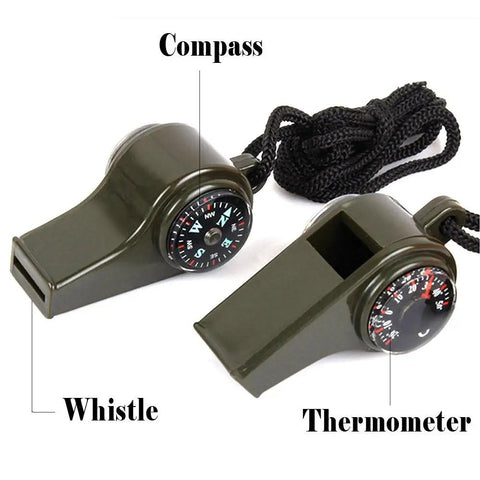 3 In 1 Emergency Survival Gear Whistle Compass Thermometer With Lanyard For Outdoor Camping And Hiking Waterproof And Durable