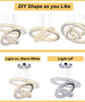 Modern 3 Ring Crystal Chandelier With Adjustable Stainless Steel Pendant Lighting LED Ceiling Fixture showing custom ring shapes.
