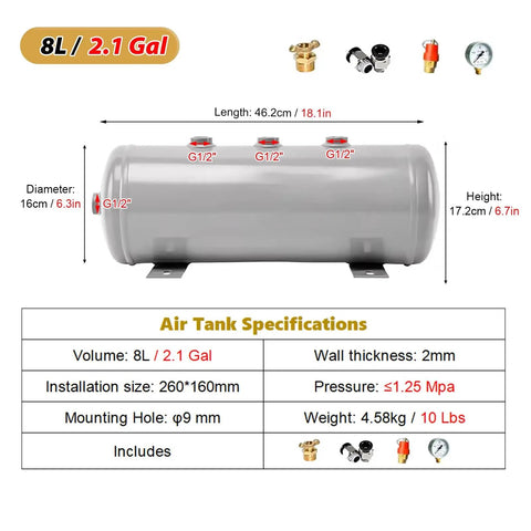 Heavy Duty Carbon Steel Portable Air Compressor Tank With Drain Valve Lightweight Small Air Canister For Car Truck Tires 2.1 Gallon 8L Gas Receiver High Pressure Reservoir Up To 180 PSI Sturdy Durable Storage Vessel