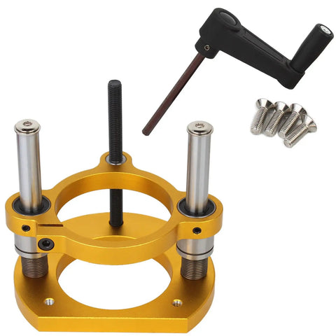 Adjustable Router Lift For 63.5-65mm Diameter Universal Trimming Machines In Aluminum Alloy Under-Table Base Clamping Lifting System With Slick Height Adjustment And Gold Finish, gold aluminum base with handle and screws