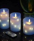 Sky Blue LED Flameless Candle Set With Embedded Starlight String, three real wax candles with remote and dancing flame illusion