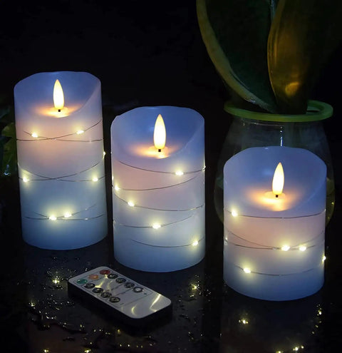 Sky Blue LED Flameless Candle Set With Embedded Starlight String, three real wax candles with remote and dancing flame illusion