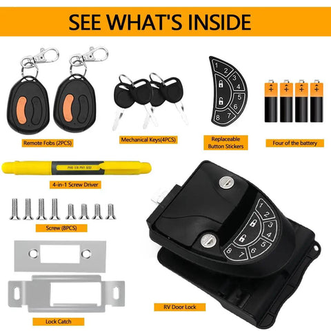 Keyless RV Door Lock With Backlit Keypad And 2 Remote Fobs For Travel Trailers And Campers Built Tough With Weatherproof Zinc Alloy Construction And Fireproof Nylon Shell 4 Keys Included, displayed with accessories and tools.