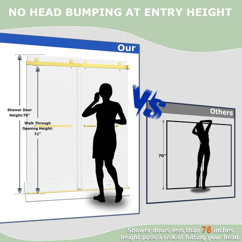 Infographic comparing shower door heights, showcasing Super Sleek Frameless Double Bypass Sliding Shower Door In Brushed Gold height 76 inches.