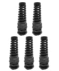 Five Pack Half Inch Strain Relief Cable Gland Kit IP68 Waterproof Nylon Spiral Joint With Gaskets For Six To Twelve Millimeter Wires Tough As Nails Cord Connector for outdoor and industrial electrical installations displayed on white background.