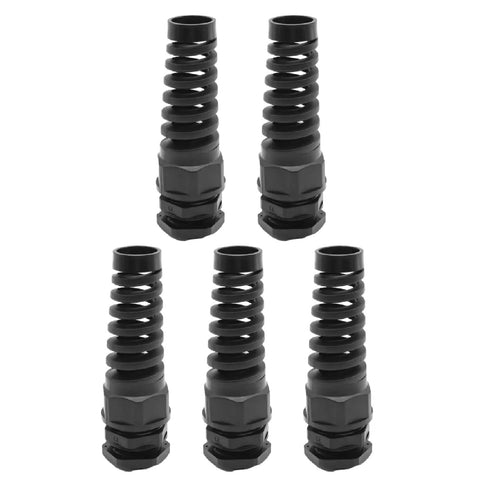 Five Pack Half Inch Strain Relief Cable Gland Kit IP68 Waterproof Nylon Spiral Joint With Gaskets For Six To Twelve Millimeter Wires Tough As Nails Cord Connector for outdoor and industrial electrical installations displayed on white background.