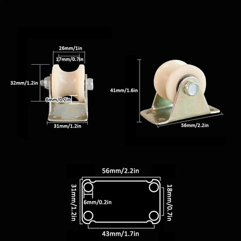 Beefed-Up Heavy Duty Nylon U-Groove Wheel Caster For Inverted Track And Sliding Doors, Smooth Silent Roller With Two Built-In Bearings, Perfect For Industrial Carts, Wire Rope Rails, Rolling Gates, And Gate Systems, 1.2 Inch Wheel. Dimensions shown