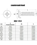 Diagram of Black Carbon Steel Self Tapping Wood Screw Set with cross countersunk heads and size chart from 1mm to 4mm.