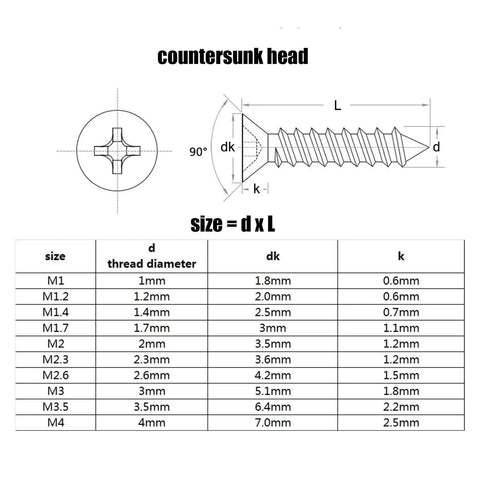 Diagram of Black Carbon Steel Self Tapping Wood Screw Set with cross countersunk heads and size chart from 1mm to 4mm.