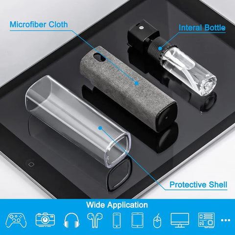 2 In 1 Screen Cleaner Kit With Mist Spray And Refill Microfiber Cloth Keyboard Brush And Glasses Cloth For Phones TVs Laptops Tablets Monitors Eyeglasses IPhone IPad MacBook Pro Like A Boss featuring microfiber cloth, mist spray, and protective shell on tablet