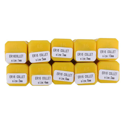 Top Tier 10Pc ER16 Spring Collet Set For CNC Lathe Milling Grabber, 10 collets with sizes from 1mm to 10mm, durable tool steel construction.
