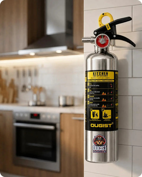 Class K Kitchen Fire Extinguisher Built For Fast Grease Cooking Flare Ups, Two Pack Of 34 Fl Oz Wet Chemical Sprayers mounted in kitchen.