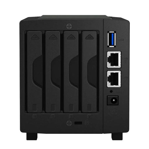 Badass Compact Four Bay Network Storage Device Packed With 4Tb Ssd Drive And Snappy Marvell Chipset showing rear ports and drive bays.