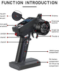 Image detailing features of 8 Channel 2.4G FHSS RC Transmitter And Receiver With Lanyard For 1/8 To 1/24 Crawler Drift Truck Boat Tank Plug And Play Upgrade, Compatible With TRX4 TRX4M SCX10 SCX24 Metal Handwheel.