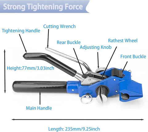 Rock Solid Stainless Steel Strapping Tensioner With Quick Cable Tie Cutter Heavy Duty Banding Tool showing tightening handle and buckles.