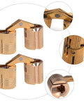 Copper hidden cabinet hinges for jewelry boxes (2 pcs) with knurled barrels; front view