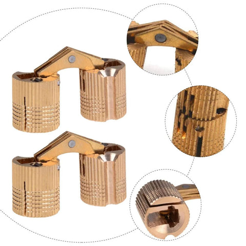 Copper hidden cabinet hinges for jewelry boxes (2 pcs) with knurled barrels; front view