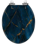 Toilet Seat Round Resin for Bathroom with blue marble design, chrome hinges, 14.5" x 16.5" size.