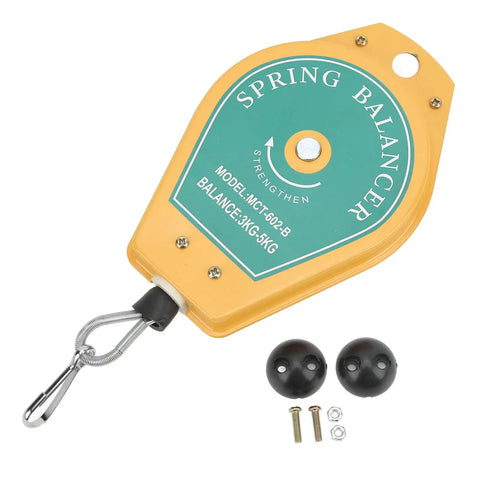 Heavy Duty Retractable Spring Balancer With 3-5kg Load Capacity For Assembly Line Workshop Use Includes Safety Lock, shown with mounting hardware.