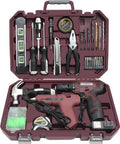 Heavy Duty 12V Lithium Electric Drill And Rechargeable Screwdriver Featuring A Slick 91 Piece Household Toolbox Set Loaded With Hella Tough Carbon Steel Bits For Weekend Diy Gear in a hard shell case with various tools.