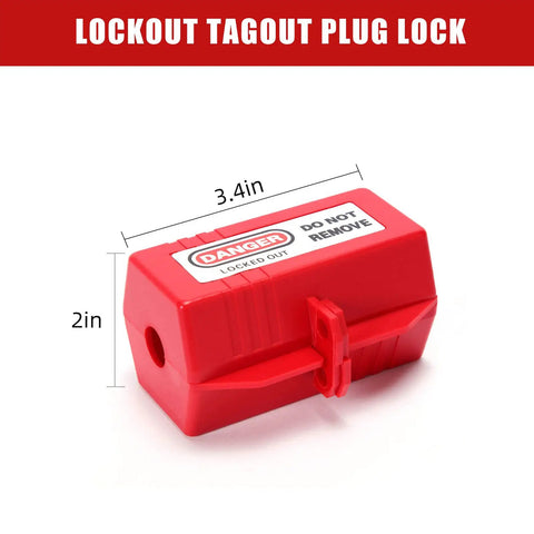 Red lockout tagout plug lock, 2 x 3.4 inches, showing 'Danger Locked Out' label, part of Lockout Tagout Kit For Forklifts And Electrical Plugs