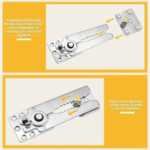 Heavy Duty 9 Piece Sectional Couch Connector Kit showing parts for secure iron joint connection and release mechanism.