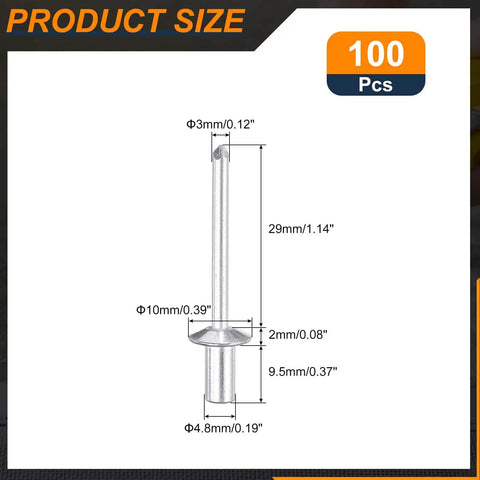 100 Pcs Aluminum Closed End Dome Head Blind Rivets 3/16 Inch And 3/8 Inch Size With Grip Range 0.11 To 0.20 Inches diagram
