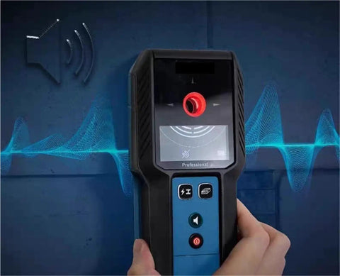 Pro Grade Auto Calibrating Stud Finder Wall Scanner displaying readings against a textured wall background.