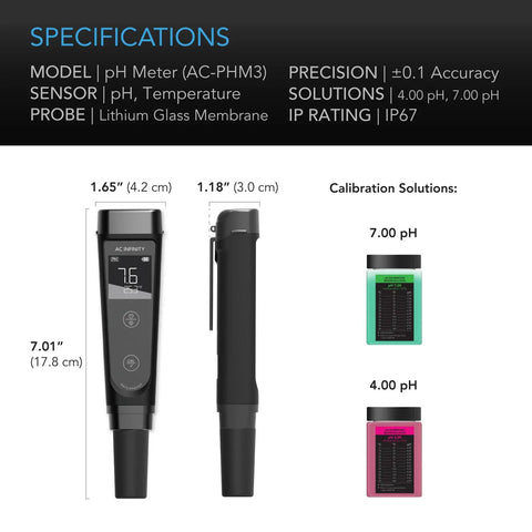High Precision Digital pH Meter Pen With 0.1 pH Accuracy for Water Quality Testing, with calibration solutions and specifications displayed.