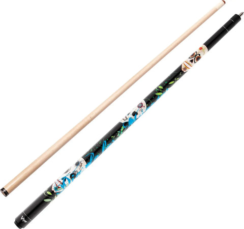 Dia De Los Muertos Billiard Cue 58 Inch 2 Piece Maple Shaft with Tattoo Style Graphics Black Finish 18 Ounce ABS Joint