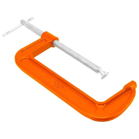 Two Pack 10 Inch C Clamp Set For Woodworking And Metalworking Heavy Duty Cast Iron C Clamp With 8.7 Inch Jaw Opening And 3.7 Inch Throat Depth Durable Orange Finish.