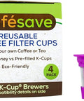 Two Item Bundle With Reusable K Cup Coffee Filters Four Pack And EZ Scoop 2 Tbsp Scoop With Integrated Funnel packaging and purple filter