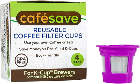 Two Item Bundle With Reusable K Cup Coffee Filters Four Pack And EZ Scoop 2 Tbsp Scoop With Integrated Funnel packaging and purple filter