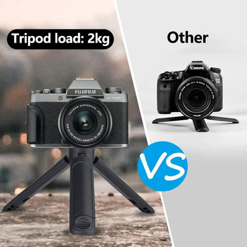 Comparison between Pocket Sized 2 In 1 Mini Tripod Desk Stand And Handheld Grip with two cameras, illustrating tripod load capacity