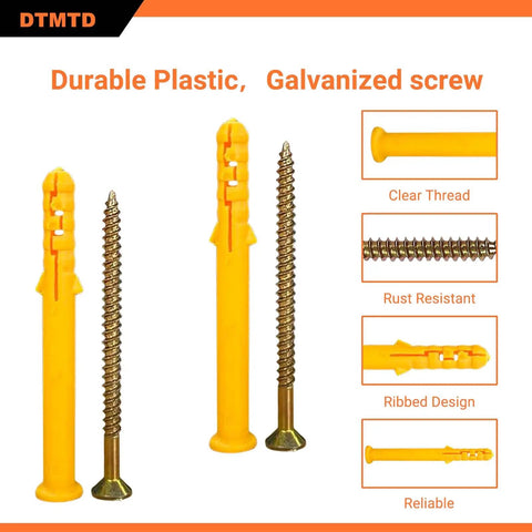 100 Piece M6x60 Plastic Wall Anchors And Screws Kit with yellow expansion anchors showing durable plastic and galvanized screws.