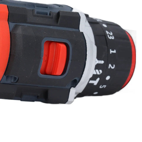 Close-up of the heavy-duty 18V cordless brushless drill switch with torque settings, designed for tough tasks.