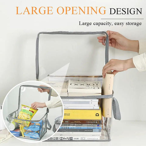 Clear Zippered Organizer Bags With Reinforced Handles Large Waterproof Storage Containers For Moving And Closet Organization Perfect For Books DVDs Blu Rays Clothing Weatherproof PVC Carrier 15 By 12.5 By 9.5 Inches with books inside