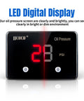 Front view of JJCOCO oil pressure gauge with red LED digital display on a black panel, 12V automotive gauge.