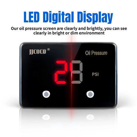 Front view of JJCOCO oil pressure gauge with red LED digital display on a black panel, 12V automotive gauge.