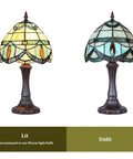 Cozy Tiffany Style Table Lamp With Cream Crystal Stained Glass Shade, 8 Inch Vintage Desk Reading Light, lit and unlit view