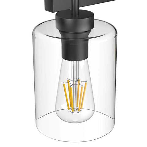 Close-up of clear glass shade on Two Light Vanity Light Fixture Matte Black With Clear Glass Shades For Over Mirror Bathroom Lighting