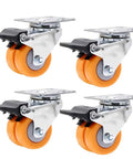 4 Pack Yellow Swivel Caster Wheels With Locking Brakes Silent Double TPE Rubber Casters Built Tough For Smooth Riding Floor Savers.