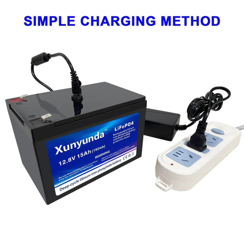12V 15Ah LiFePO4 Battery With BMS For Solar Marine Camping And Off Grid Power connected to charger