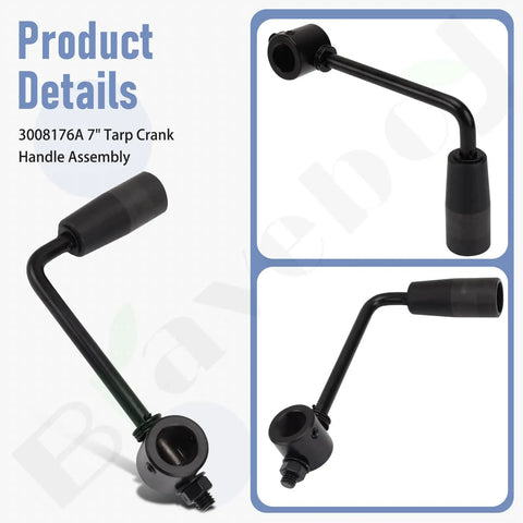 Heavy Duty 7 Inch Tarp Crank Handle Assembly Part 3008176A shown from multiple angles for dump trailers.