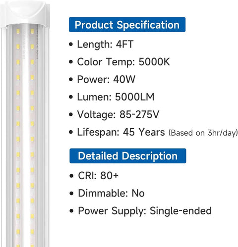 Ultra Bright 4Ft LED Shop Light 40W 5000LM 5000K Daylight T8 Integrated Fixture showing product specifications