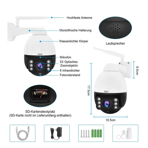 Diagram of All Weather Outdoor PTZ Surveillance Camera 5MP With 5x Optical Zoom WiFi IP Night Vision showing dimensions and features.
