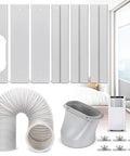 Portable AC Window Vent Kit With 5.9 Inch Exhaust Hose And 78.7 Inch Length, showing parts laid out and installed in window